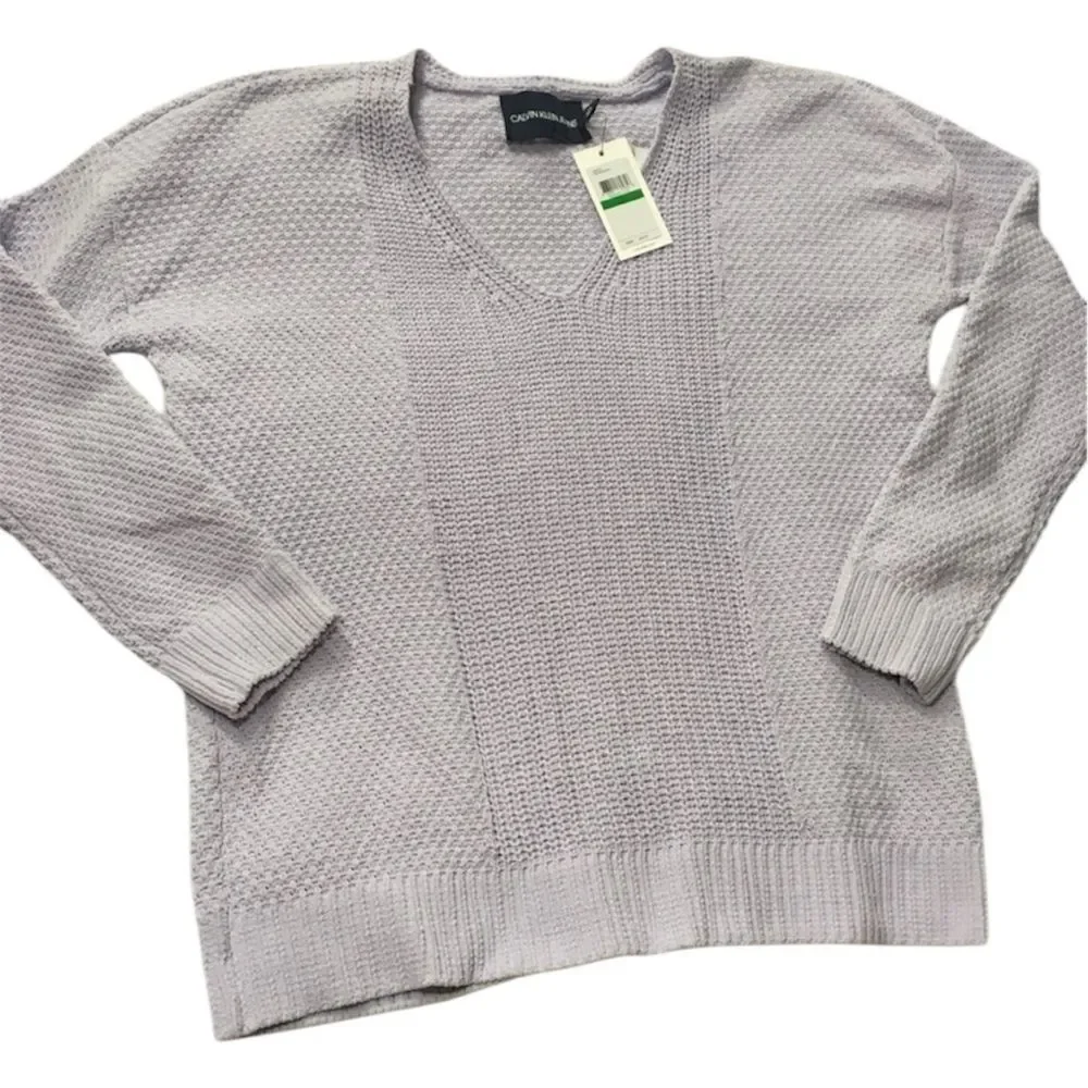 NWT CALVIN KLEIN JEANS MINIMALIST LAVENDER CHUNKY KNIT V NECK PULLOVER SWEATER L